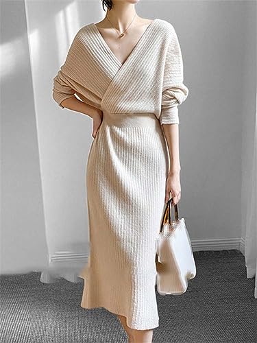 Women's Long Sleeve Sweater Dress Solid V Neck Slim Knitted Long Dress2
