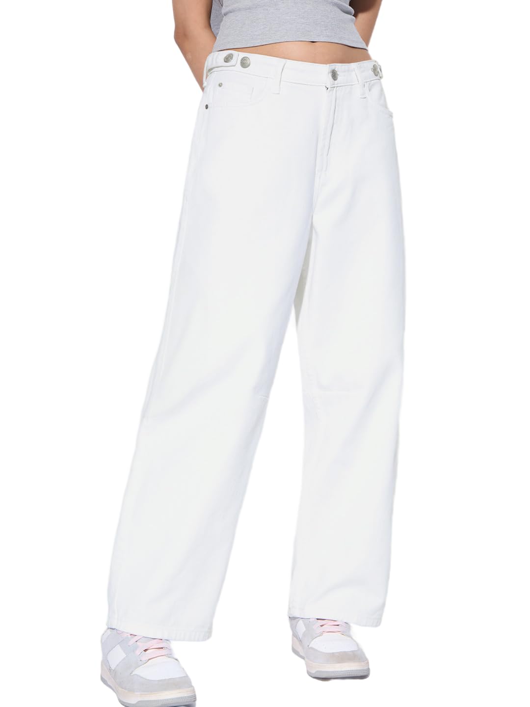 The Souled Store Barrel-Fit Denim: Ivory Women and Girls Buttoned Solid Lightweight Everyday Trendy Cotton Loose Fit Denim Jeans in ivory