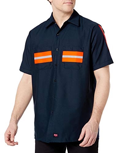 Image of Red Kap Men's Size Enhanced Button Down Work Shirt, Regular Fit, Short Sleeve, Navy with Orange Visibility Trim, 2X-Large /Tall