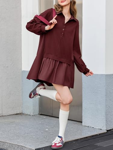 Fisoew Womens Oversized Sweatshirt Dress Long Sleeve V Neck Patchwork Casual Pullover Tops Loose Fit Mini Dresses2