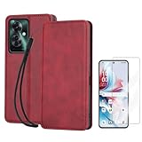 OPPO Reno11 A ケース 手帳型 wangChuan オッポ ネノ11 A スマホケース レザー カード収納 内蔵マグネット式（携帯ストラップ付き、ガラスフィルム付き）レッド