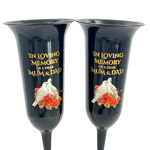 Angraves Set of 2 Mum and Dad Dove Rose Black and Bronzed Gold In Loving Memory Fluted Spiked Memorial Grave Cemetery Flower Vases Holders Containers Pots