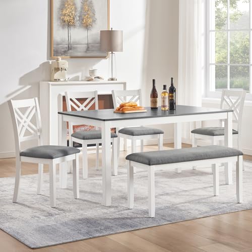 Image of Harper & Bright Designs 6 Piece Kitchen Dining Set, 58.5 inch Rectangular Rubber Wood Table with 4 Upholstered Chairs and Bench, Grey & White Modern Farmhouse Dining Table Set for 6, Kitchen Living Room