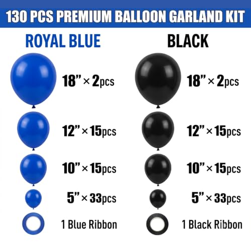 Image of 130pcs 18 /12 /10 /5 Inch Royal Blue and Black Latex Balloon Garland Arch Kit
