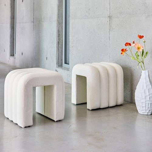 Sweeek Set Di 2 Pouf Contemporanei, Tessuto, Ito, Bianco, 40X38X40 Cm - 3