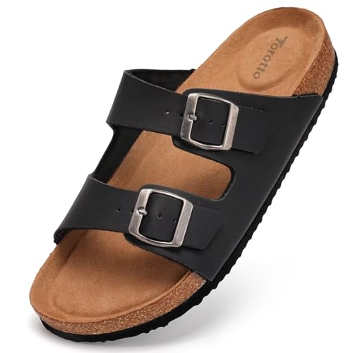 Image of Torotto Mens Slides with Cork Footbed Open Toe Adjustable Webbing Flat Sandals for Walking | Beach | Indoor