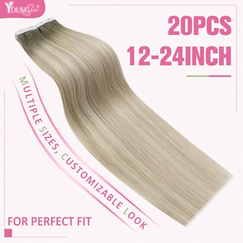 YoungSee Balayage Tape Hair Extensions Real Human Hair Ombre Ash Blonde to Platinum Blonde Tape in Hair Extensions Natural Looking 14 Inch 20pcs 50g - Image 3