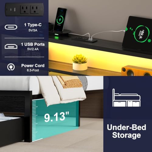 Image of Twin Bed Frames with Storage Drawer, Platform Bed with Charging Station and LED Lights, Upholstered Headboard with 2-Tier Storage Shelves, No Box Spring Needed