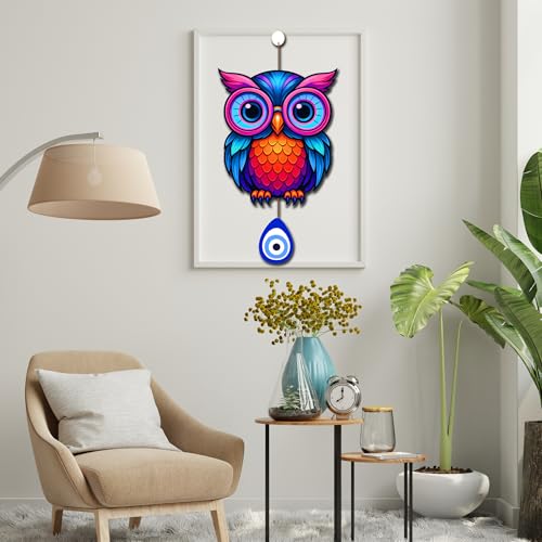 Image of GENXTRA Neon Multicolor Owl Wall Hanging with Nazar Protection Charm | MDF Wooden Decorative Wall Art for Home & Office | Modern Boho Decor