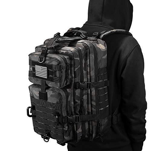 Hannibal Tactical Molle Assault Pack, Tactical Backpack Military Army Camping Rucksack, 3-Day Pack Trip W/Usa Flag Patch, D-Rings, Black Camo #TOP6