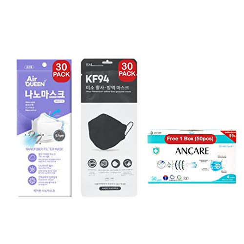 Flash Deals - 80% OFF [60pack+50pcs] 30 pack Air Queen Nano Mask White 3-Layer Face Safety for Adult + 30 pack Miso Black 4-Layers KF94 Mask Individually Packaged + 50pcs AnCare 4-Layer Face Mask