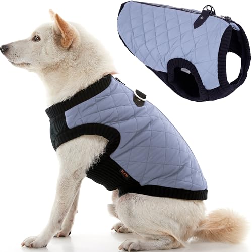 Image of Gooby Fashion Vest Dog Jacket, Gray, Small | Quilted bomber, water-resistant; Stretch knit bottom; Dual D-ring leash; Pain-free zipper guard; Warm