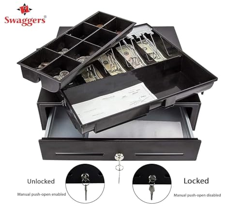 Image of swaggers Metal Cash Drawer For Point of Sale (POS) System with Removable Coin Cash Tray, 5 Bills /8 Coins slots Drawer with RJ11 Interface Key Lock | Black Colour