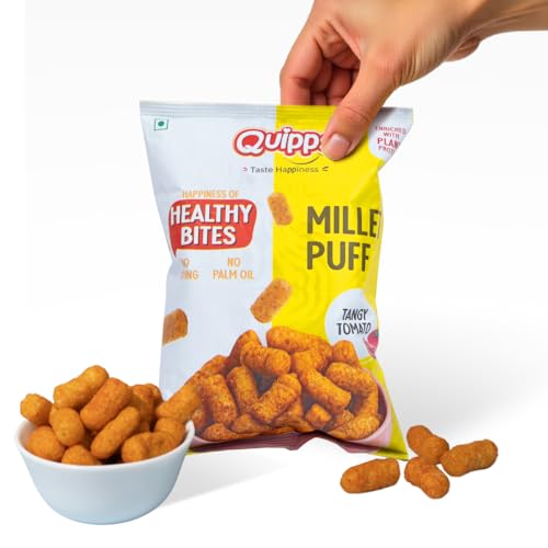 Image of Quipps Millet Puff Tangy Tomato | Non-Fried Roasted Millet Snack | High Fiber & Plant Protein | Gluten Free, Vegan, Non-GMO | No Preservatives, No Palm Oil | Light & Crunchy Healthy Snack for Office & Travel | Vegetarian | 60g