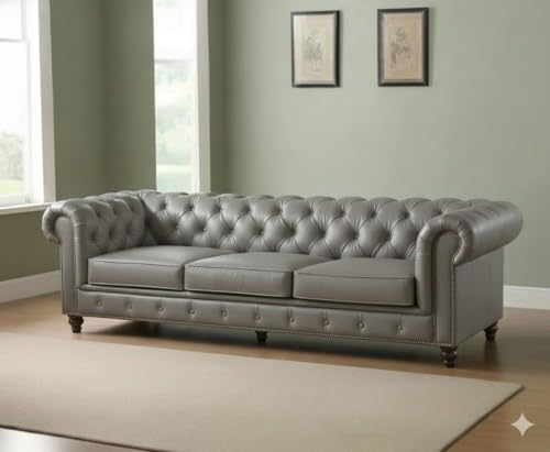 Image of UMAR ARTS Luxury Chesterfield Leatherate Sofa Set, Tufted Genuine Leatherate, Classic Living Room Furniture (Grey 3+2+1)