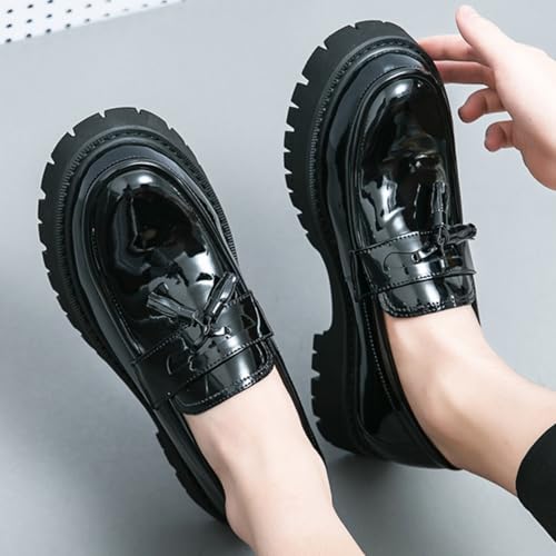 Image of Mens Leather Slip-On Platform Dress Tassels Loafers Non-Slip Low Top Round Toe Chunky Penny Shoes for Business Casual Dress Prom Party