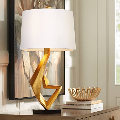 Possini Euro Design Zeus 29 1/2 Tall Modern Glam End Table Lamp Sculptural Gold Leaf Finish Living Room Bedroom Bedside Nightstand House Office Home Reading Kitchen Entryway Console Family Dining