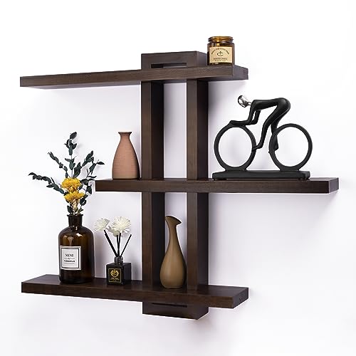 Image of yaqew Variable Floating Shelves Wood Set of 3, Bathroom Shelves 28.35 inch Max, Rustic Wall Shelves for Living Room Bedroom Farmhouse - Dark Walnut Color - 28.35 inch x 23 inch x 4.3 inch Max