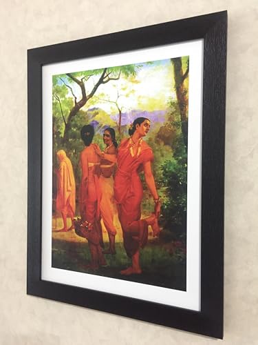 Image of Adventures *Shakuntala & her Companions*- Two Paintings by Raja Ravi Varma, Set of 2 Wall Decor Frames. Matt Satin Print with MDF & 1 inchPS Black Frame. Size 14 inchx18 inch each.