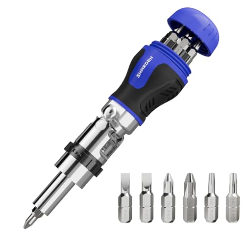 Image of SHARDEN 8 in 1 Stubby Ratcheting Screwdriver Multi Screwdriver Tool All in One with 6 CRV Bits Phillips, Slotted, Torx,180 Degree Pivoting Adjustable Angle Screw Driver Set for Tight Spaces
