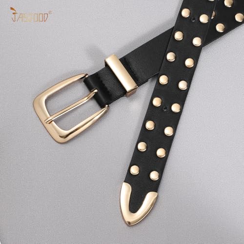 JASGOOD Women Studded Belt Ladies Punk Belt Gold Buckle Vintage Leather Belt for Jeans Dress4