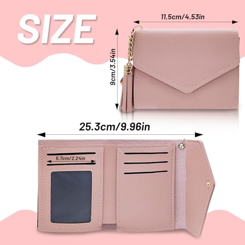 Small and Delicate PU Womens Wallet, Ladies Purse Zipper Button Design with Multiple Card Slots and Tassel Pendant for Shopping, Travel, Dating(Pink)3