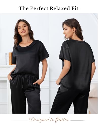 Image of THXSILK Mulberry Silk Womens Pajama Set with Pocket, 2 Piece Lounge Sets for Women, Short Sleeve Sleepwear