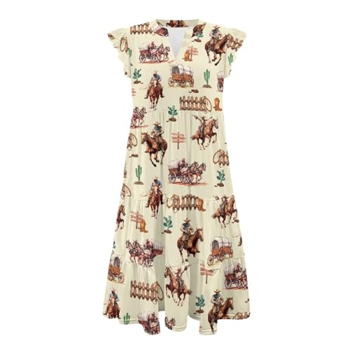 Image of Women's Casual Ruffle Sleeve Dress V Neck Pullover Dress Flowy A-Line Pleated Lightweight Dress with Pockets