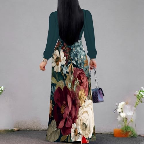 Image of Women's Plus Size Maxi Dresses Long Sleeves V Neck Floral Print Bohemian Swing Long Dress with Belt