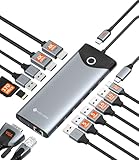 ipad pro docking station with ethernet 【Station d'accueil USB-C 15 en 1 】 NOVOO station d'accueil USB-C 15 en 1 est équipée de 2 ports HDMI et d'un port VGA, prenant en charge une résolution jusqu'à 4K*2K à 60 Hz pour une lecture vidéo et des jeux ultra-HD fluides. Elle comprend également 2 ports USB-A 3.2 (10 Gbit/s), 1 port USB-C 3.2 (10 Gbit/s), 2 ports USB-A 3.2 (5 Gbit/s) et 3 ports USB-A 2.0, offrant des vitesses de transfert vidéo et de données jusqu'à 10 Gbit/s. Le port USB-C fournit une alimentation haute vitesse de 100 W et le port Ethernet RJ45 (10/100/1 Gbit/s) assure une connexion réseau filaire rapide et stable. Les deux emplacements pour cartes permettent la lecture simultanée de cartes SD et TF.