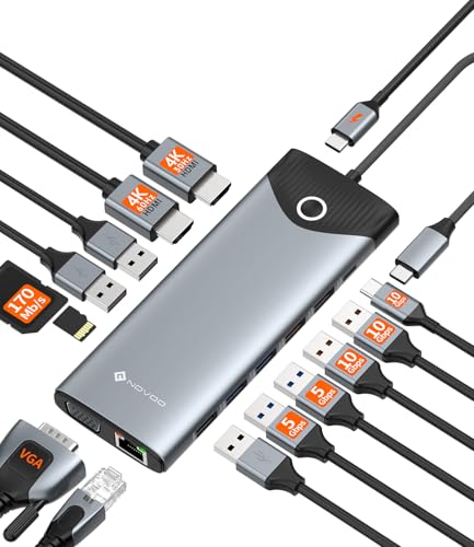 NOVOO Station d'accueil Triple Affichage 15 en 1,Docking Station USB-C, Bouton pour Marche/Arrêt, HDMI 4K@60Hz, USB-C/A 10Gbps, VGA, 100 PD, SD/TF Multiport...