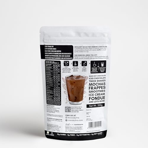 Image of Cocosutra Sugar-Free Swiss Vanilla Drinking Chocolate (200g) | Hot or Cold | Keto & Vegan | 10 Cups | Zero Sugar, Low Carb, Low Calorie, Stevia & Erythritol Based, Keto Friendly