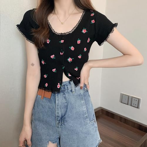 Image of ICW Women's Korean Style Round Neck Half Sleeve Button-Up Floral Knitted Crop Top T-Shirt for Girls DN286 (One Size Fit XS-S)