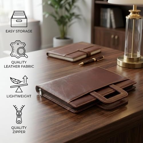 Image of STREPE ZK Brown, Leather File Organizer Bag with Handle, Zipper Portfolio Folder for Documents, Certificates, Cards & Tablet, Office Business Travel Case for Men & Women