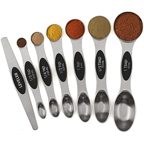 CHWAIKA Stainless Steel Measuring Spoons Set of 7,Metal Dual Sided Kitchen Measuring Spoons with Serving Spoons and Leveler,Teaspoon Tablespoon for Cooking, Baking, Measuring Liquid and Solid(Black) Cover