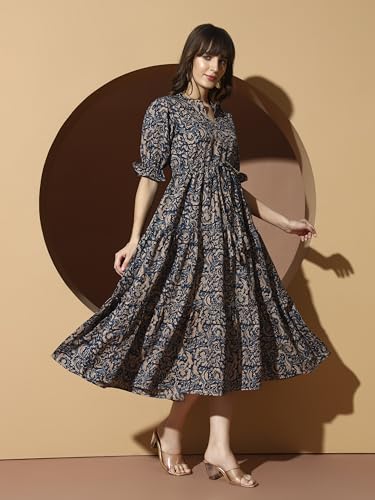 Image of KZULLY | Dress for Women | Midi Dress | Floral Printed | Polyester Fabric | Bell Sleeve Ethnic A-Line | Tiered Fit & Flare | Casual & Festive