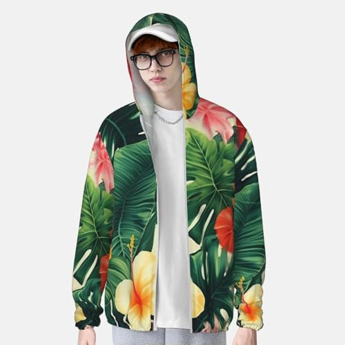 Hojas tropicales y Flores Camisas de sol masculinas FPS 50+ Jaqueta feminina com capuz de manga comp