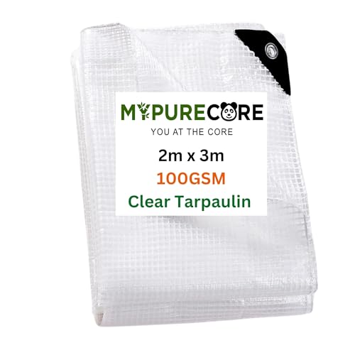MYPURECORE Clear Waterproof Tarpaulin – Heavy Duty 100GSM Multi-Purpose Tarp – Ideal for Caravan, Garden, Car and Outdoor Protection – UV, Dust, Rain, Snow Resistant – Transparent Cover (2mx3m)