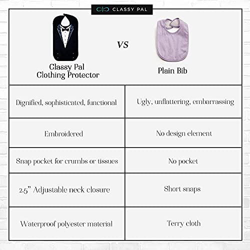 Classy Pal, Adult Bibs For Men, Dress ‘N Dine™ Clothing Protectors For Eating, Senior Adult Bib Terry Cloth Crumb Catcher, Embroidered Design, Waterproof, Reusable, Washable (Tuxedo) #TOP3
