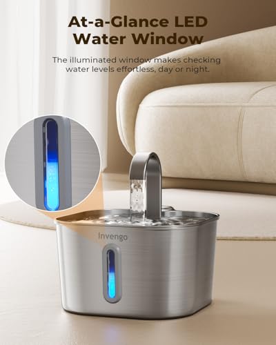Katzenbrunnen Edelstahl 2,2L | Super Leise Trinkbrunnen für Katze mit Kabel | Katzen Trinkbrunnen mit 5-stufiges Filtersystem & LED-Licht | Einfach zu Reinigen | mit 4 Aktivkohlefilter
