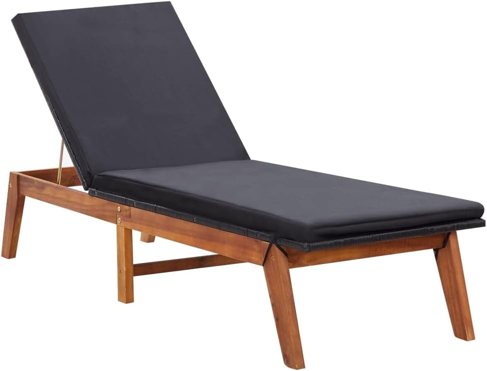 Sun Lounger with Cushion,Outdoor Lounge Chairs,Garden Sunlounger,Sunbathing Recliner,Patio Lounge Chair,Outdoor Bed,Adjustable Backrest,for Beach,Patio,Backyard, Poly Rattan and Solid Acacia Wood