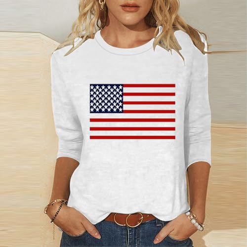 Image of Fourth of July Shirts for Women 3 /4 Sleeve Summer Tops American Flag Print T Shirt Patriotic 4th of July Shirts 2025
