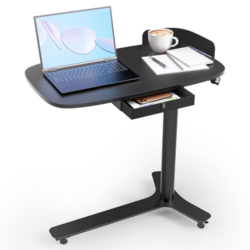 WALKINGDESK Beistelltisch C Form Höhenverstellbar mit Rollen Mobiler Schreibtisch mit Schubladen Kleiner Laptoptisch höhenverstellbarer Pneumatisch Stehpult für Sofa Bett Wohnzimme Schwarz