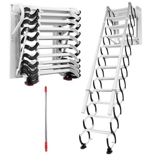 12 Step Attic Ladder Pull-Down System with Handrail, 3000 LBS Capacity Ti-Mg Alloy Frame Attic Stairs, 28'×24' Telescopic Folded Attic Ladder with Anti-Slip and Safety Lock for Lofts, Basement