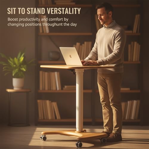 Image of 23.6in Mobile Standing Desk, 30-43.3in Rolling Desk Adjustable Height, One-Piece Solid Desktop, Wheels, Ideal for Home Offices, Apartments, Bed & Sofa, Walnut Color