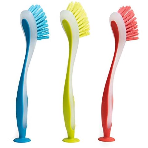 Klickpick Home Dish Scrubber Brushes Assorted Colors Dishwashing Brush with Soft Long Handle Scrubbing Brushes with Suction Cup Multiple Use Cleaning Scrub Brush,Set of 3- Red,Green,Blue Cover