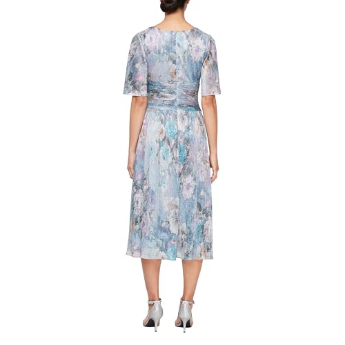Image of S.L. Fashions Women's Short Sleeve Tea Length V-Neck Mother of The Bride Dress with Ruched Waist, Wedding Guest (Plus Size)