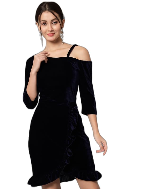 Vaararo Party Dress for Women with Hemline Ruffles | One Shoulder Bodycon Shiny Velvet Stylish Casual Outfit Vaararo Party Dress for Women with Hemline Ruffles | One Shoulder Bodycon Shiny Velvet Stylish Casual Outfit