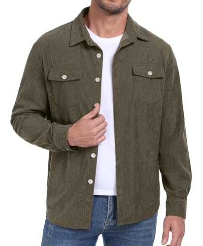 Image of Askdeer Men's Corduroy Button Down Shirts Long Sleeve Casual Shacket Jacket Western Corduroy Shirt Jacket with Flap Pockets