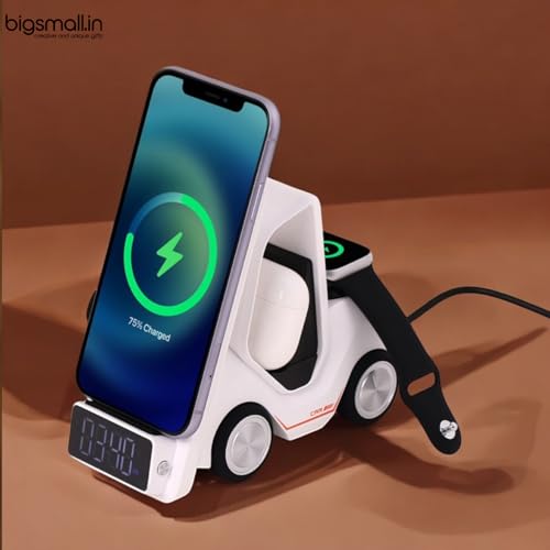 Image of Bigsmall Magnetic 3-in-1 Wireless Charger for iPhone 17 /16 /15 /14 /13 /12 Series, Apple Watch & Air Pods | Fast Charging Stand with Digital Clock & Night Light | White